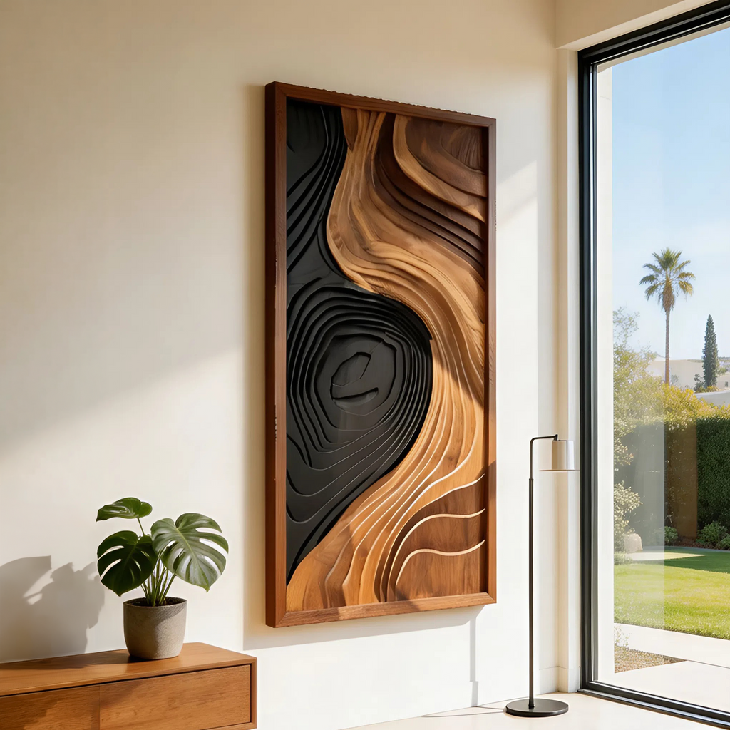 Contemporary Abstract Wood Wall Art Panel, Handcrafted Textured Wooden Geometric Sculpture Decor for Bedroom & Living Room