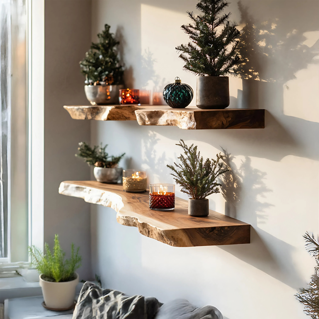 Mid Century Wooden Floating Shelf For Cozy Christmas Bedroom Setup
