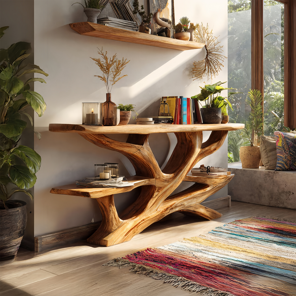 Handcrafted Wooden Live Edge Console Table, Solid Wood Entryway Accent Table with Metal Legs for Luxury Living Room Hallway