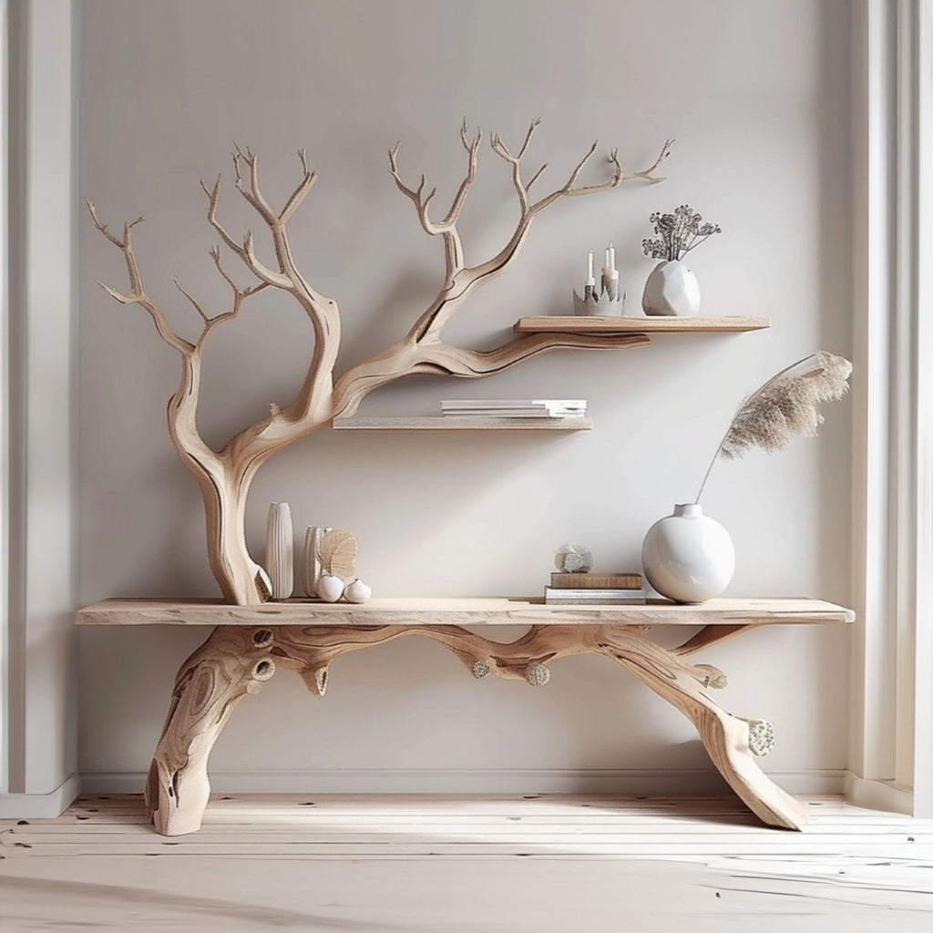 Farmhouse console table with tree branch bookshelf