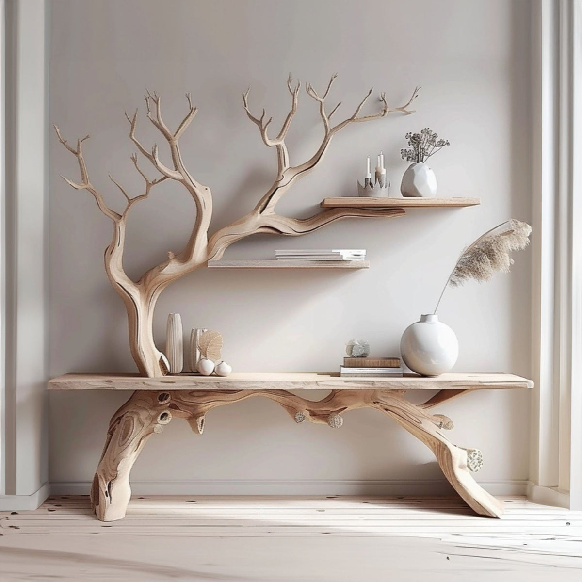 Farmhouse console table with tree branch bookshelf