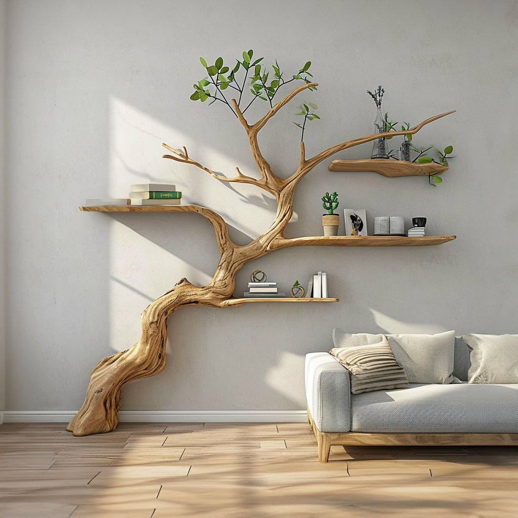 Tree Branch Floating Shelf, Driftwood Style Corner Bookshelf
