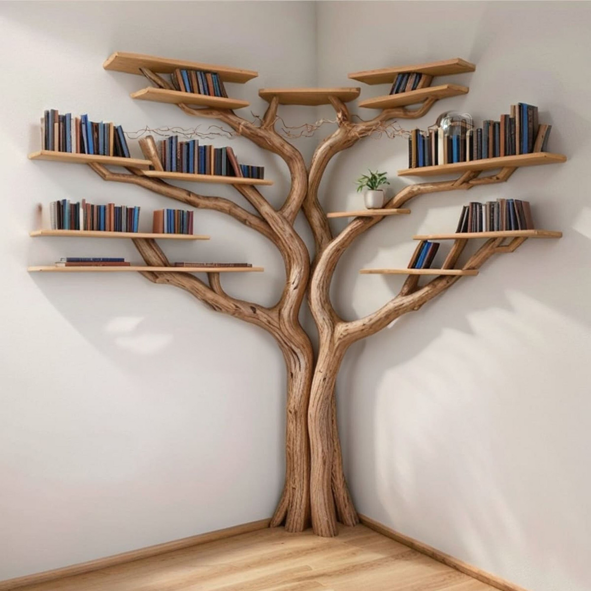 Tree Corner Bookshelf with L-Shaped Bench, Floating Wood Reading Nook
