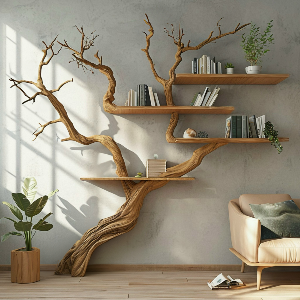 Tree Branch Wall Bookshelf, Large Wall Mount Natural Wood Shelf