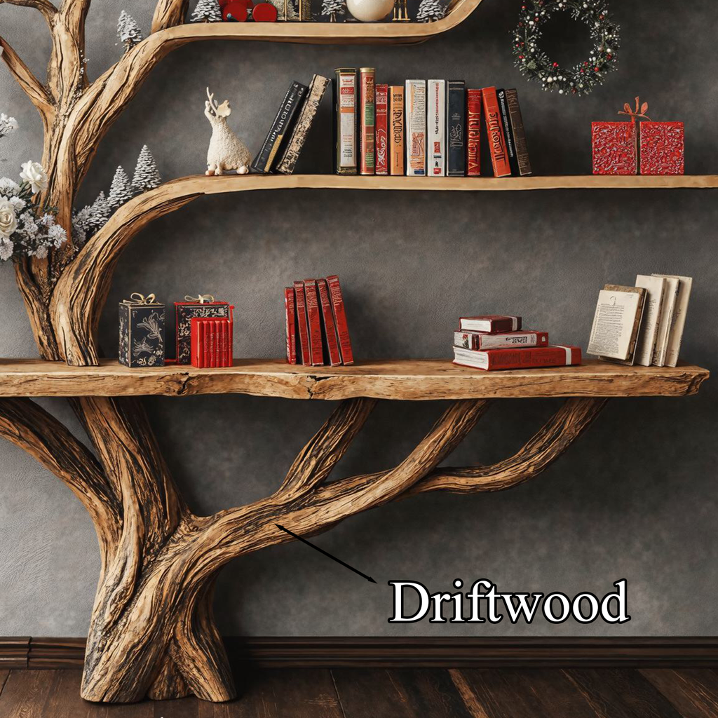 Live Edge Console Table with Tree Bookshelf, 2-in-1 Solid Wood