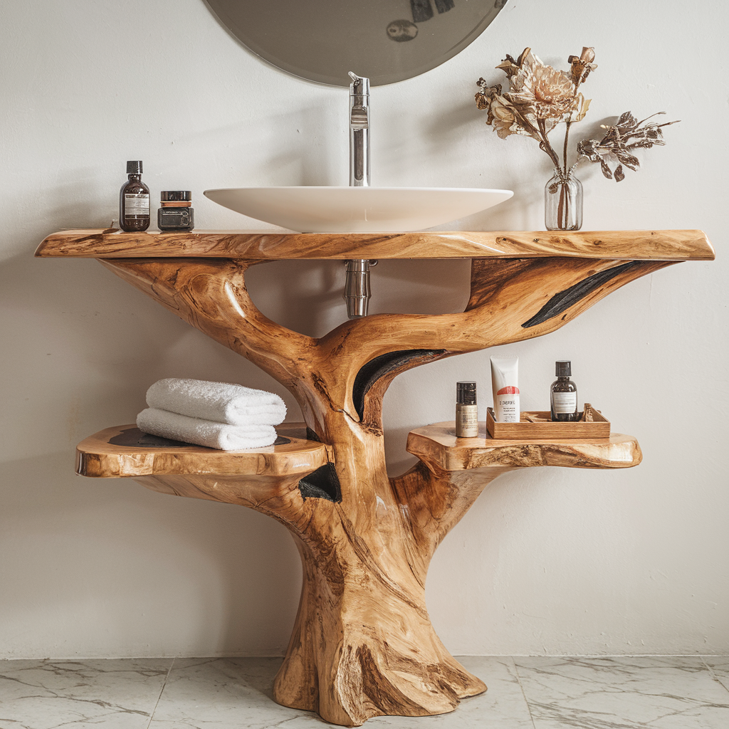 Floating Bathroom Vanity, Handcrafted Live Edge Wood Countertop