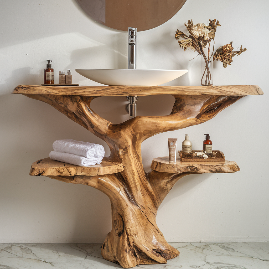 Floating Bathroom Vanity, Handcrafted Live Edge Wood Countertop