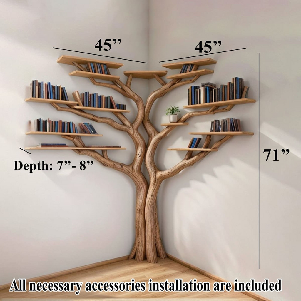 Tree Corner Bookshelf with L-Shaped Bench, Floating Wood Reading Nook