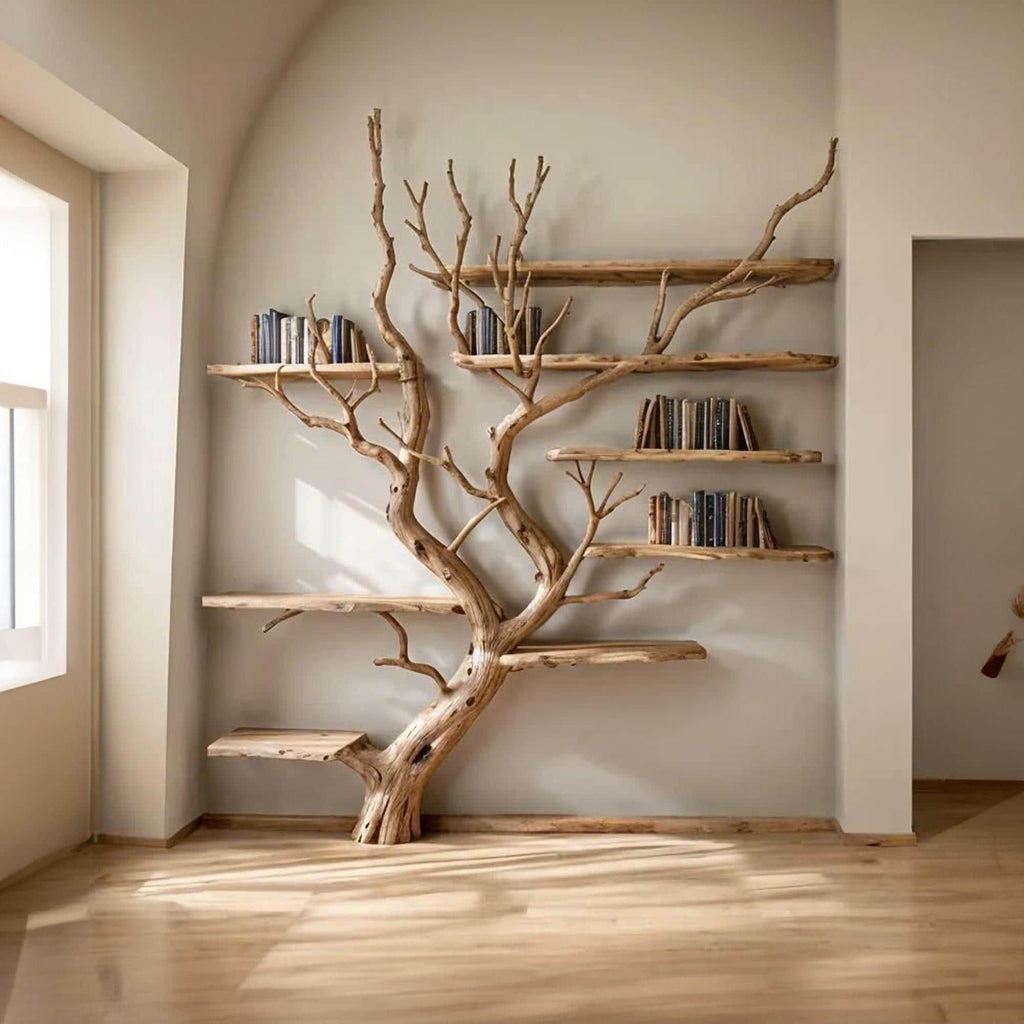 Tall Tree Bookshelf, Wall Mount Solid Wood Bookcase with Branches