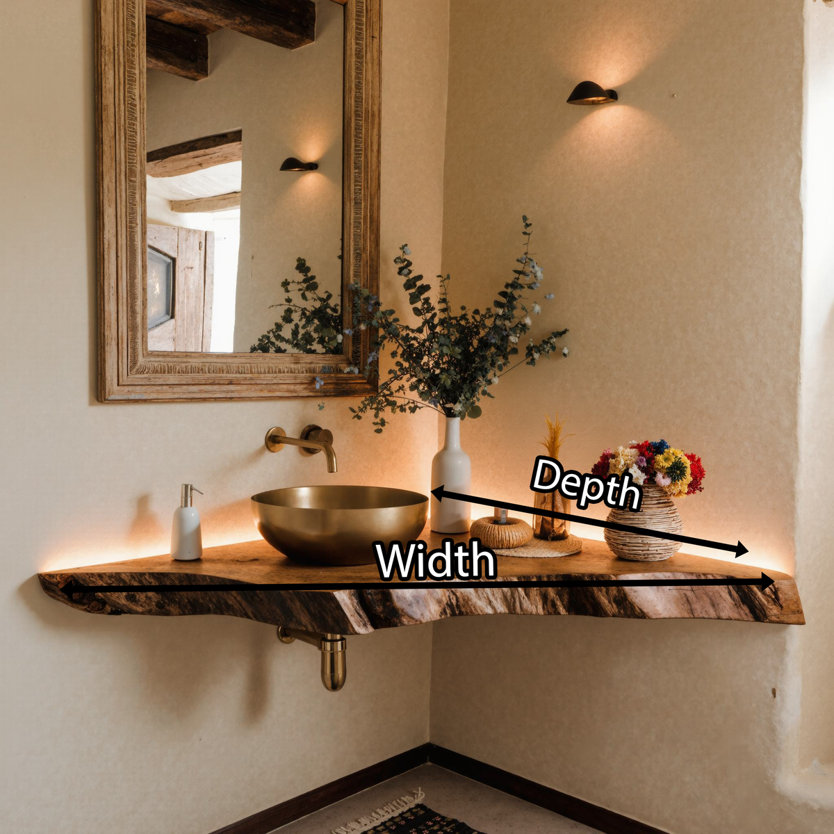 Corner Bathroom Vanity, Wall-Mounted Wood Shelf for Vessel Sinks