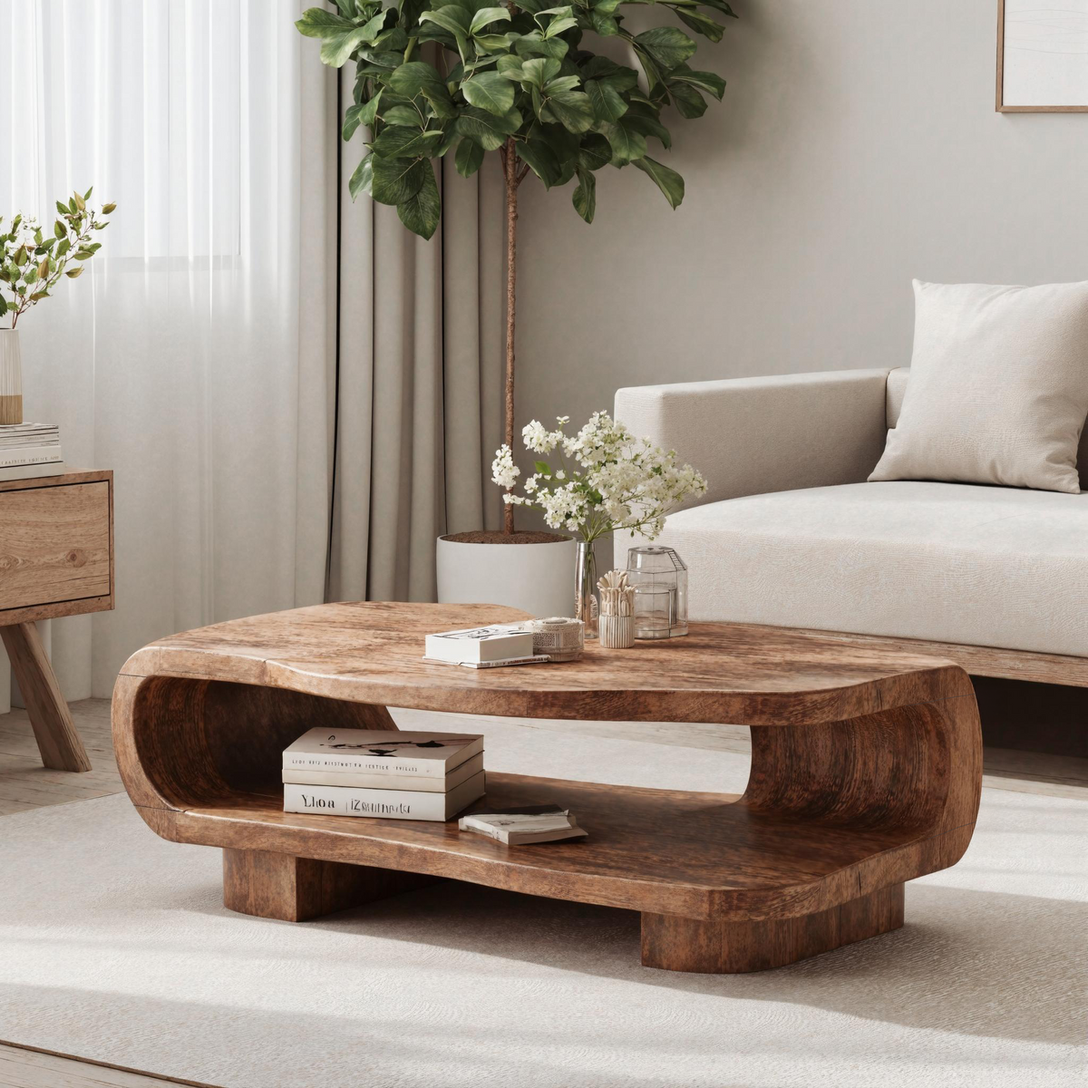 Farmhouse Coffee Table, Low Solid Wood Centerpiece in Warm Brown
