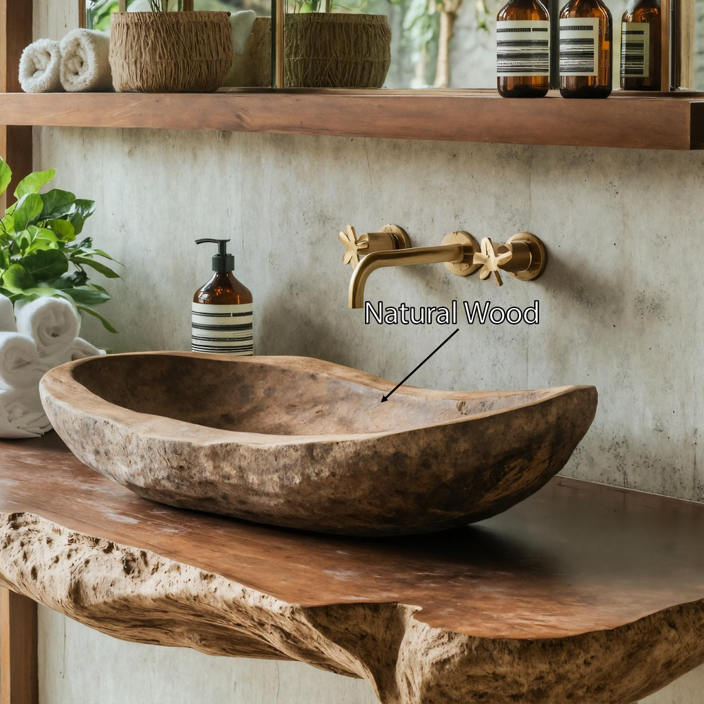 Wooden Vessel Sink, Farmhouse Hand-Carved Bathroom Wash Basin