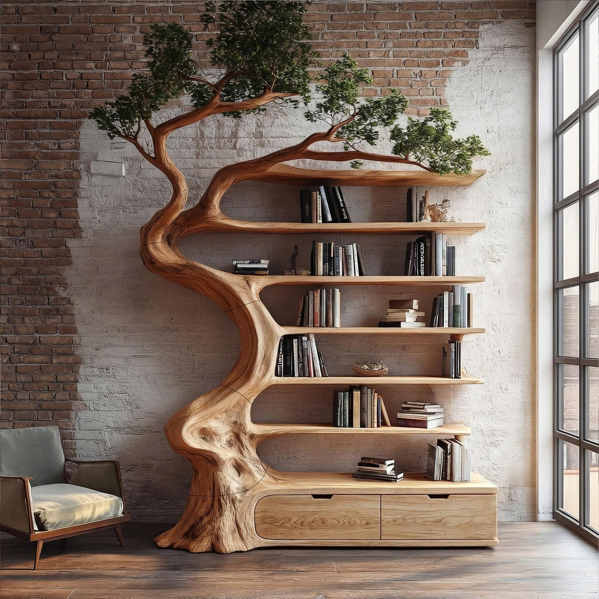 Tree Bookshelf with Storage Cabinet, Rustic Wood Branch Bookcase