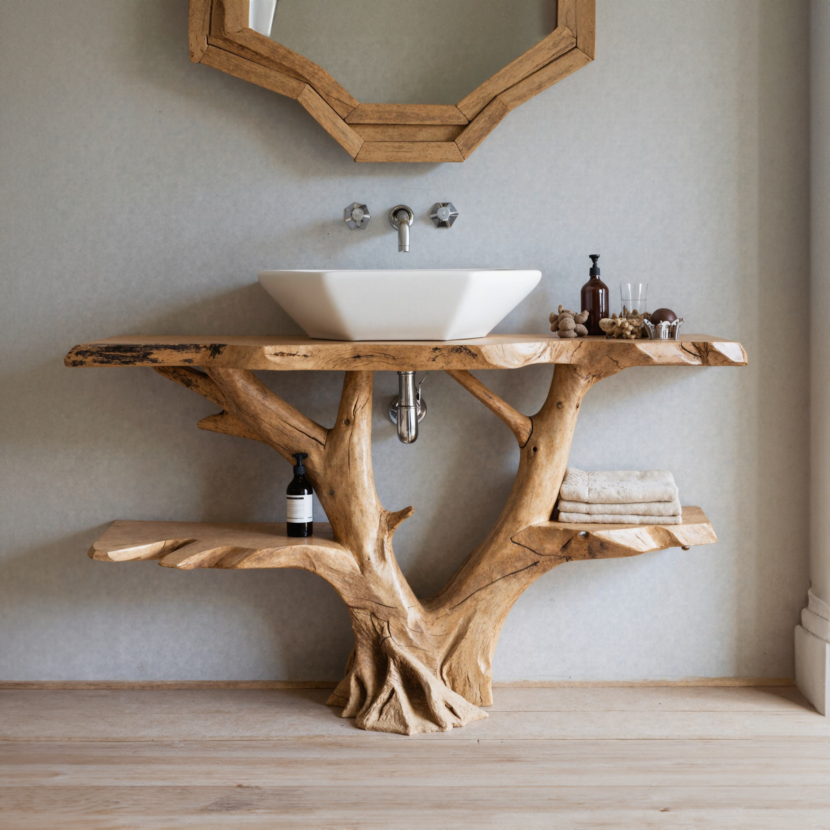 Floating Bathroom Vanity, Live Edge Reclaimed Wood With Shelf