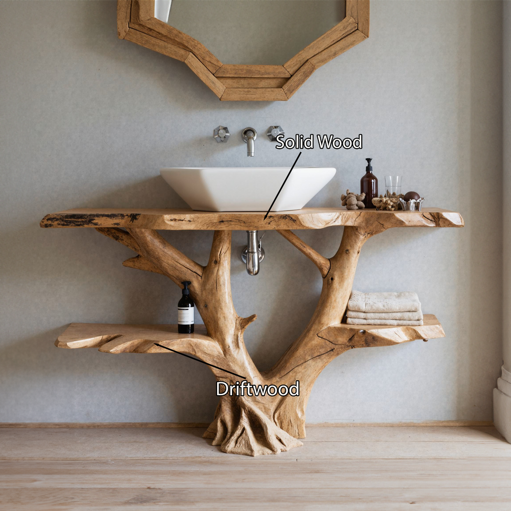 Floating Bathroom Vanity, Live Edge Reclaimed Wood With Shelf